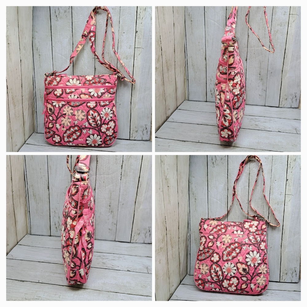 Vera Bradley M/Lrg 12"t Pink Floral Hipster ZipTop MultiPocket Crossbody Retired - Picture 2 of 12